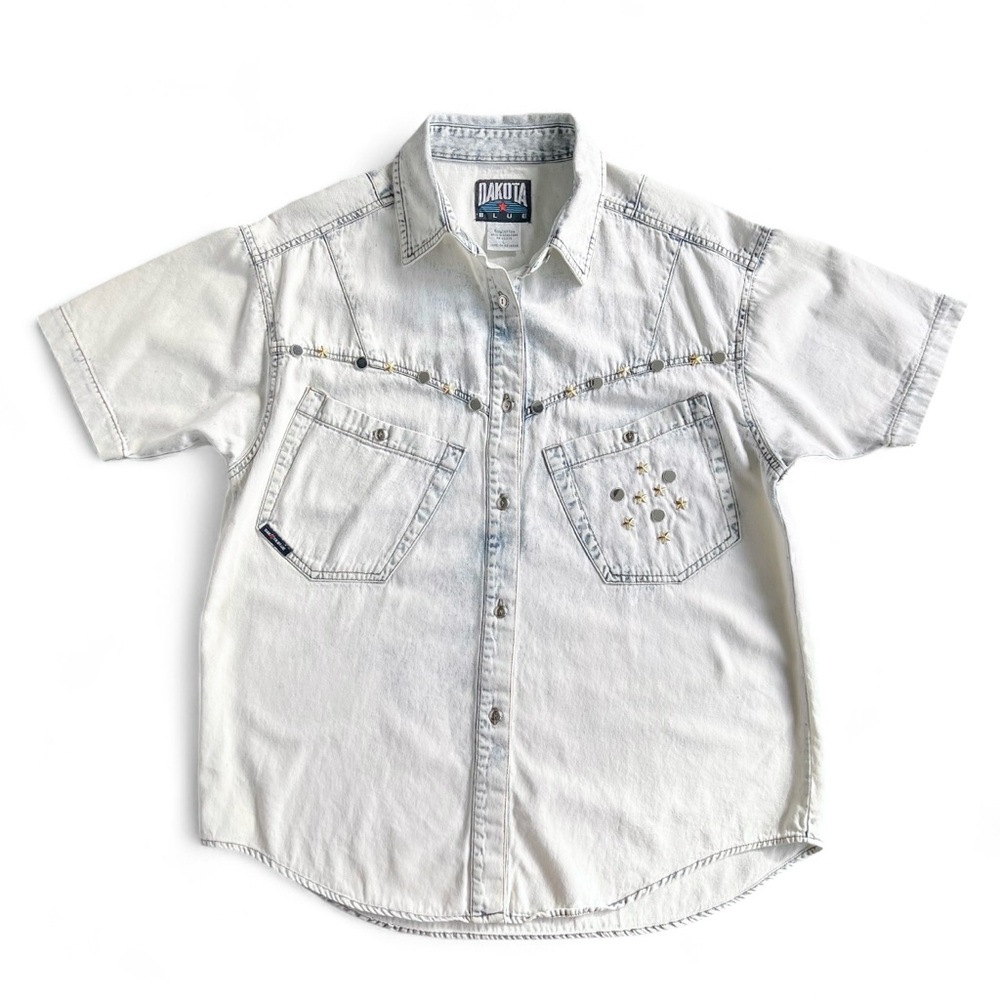 Vintage 90s Dakota Blue Studded Western Denim Shirt Acid Wash Stars Women’s L